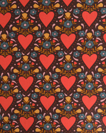 Tissu Coton Motif Cœur Fleuri Fond Chocolat - Mercerine