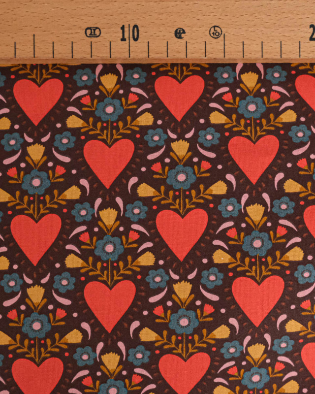 Tissu Coton Motif Cœur Fleuri Fond Chocolat - Mercerine