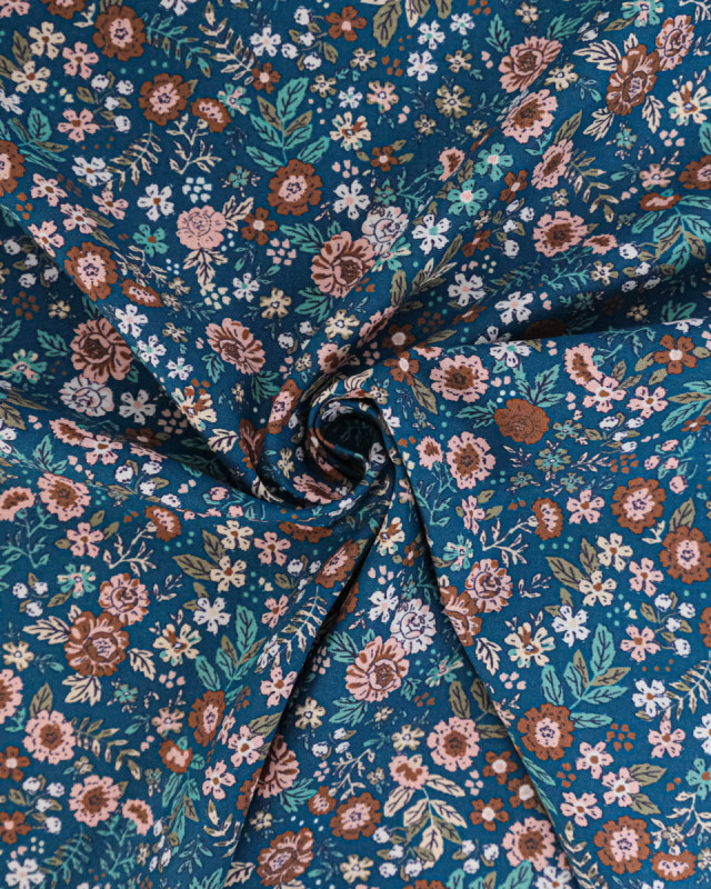 Tissu Coton Motif Fleuri Fond Bleu - Mercerine