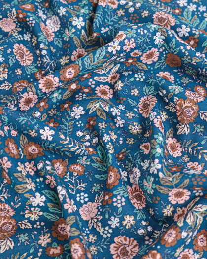 Tissu Coton Motif Fleuri Fond Bleu - Mercerine