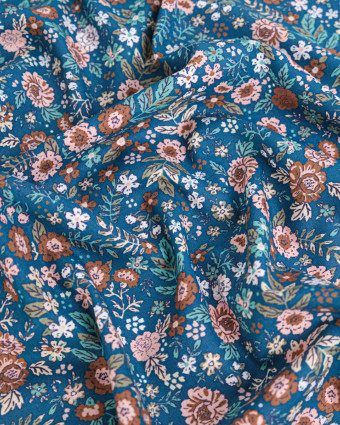 Tissu Coton Motif Fleuri Fond Bleu - Mercerine