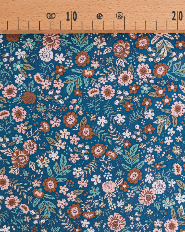 Tissu Coton Motif Fleuri Fond Bleu - Mercerine