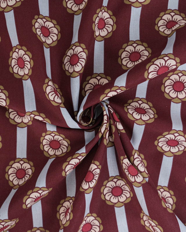 Tissu Coton Motif Fleurs à Rayures Bordeaux - Mercerine