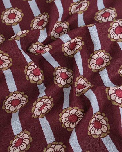Tissu Coton Motif Fleurs à Rayures Bordeaux - Mercerine