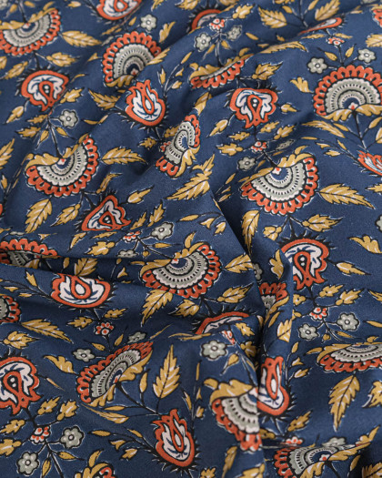 Tissu Coton Motif Eventail Fond Bleu Marine - Mercerine