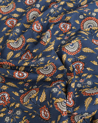Tissu Coton Motif Eventail Fond Bleu Marine - Mercerine