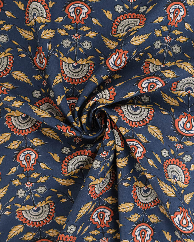 Tissu Coton Motif Eventail Fond Bleu Marine - Mercerine