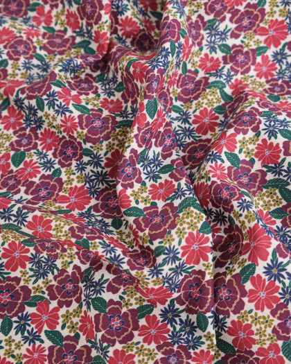 Tissu Coton Motif Fleurs Violettes Fond Ecru - Mercerine