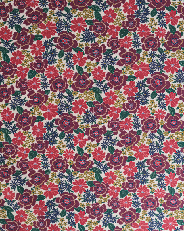 Tissu Coton Motif Fleurs Violettes Fond Ecru - Mercerine