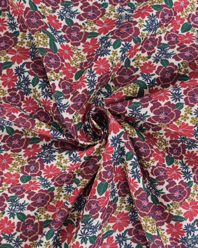 Tissu Coton Motif Fleurs Violettes Fond Ecru - Mercerine