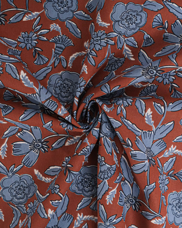 Tissu Coton Motif Fleurs d'Antan Fond Marron - Mercerine