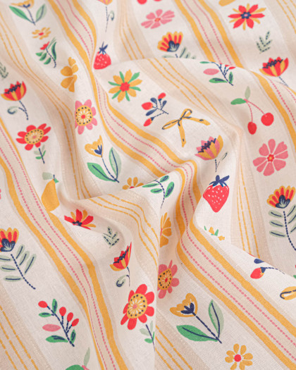 Tissu Coton Motif Fraises Fleurs Citrons - Mercerine
