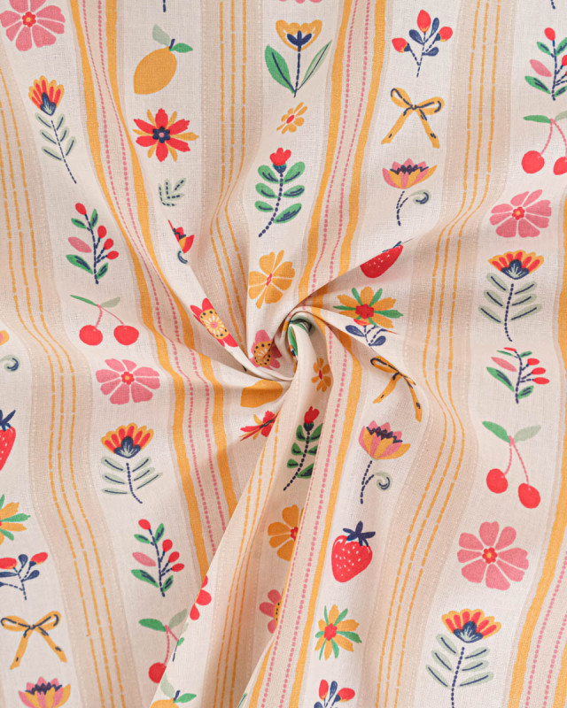 Tissu Coton Motif Fraises Fleurs Citrons Fond Jaune - Mercerine