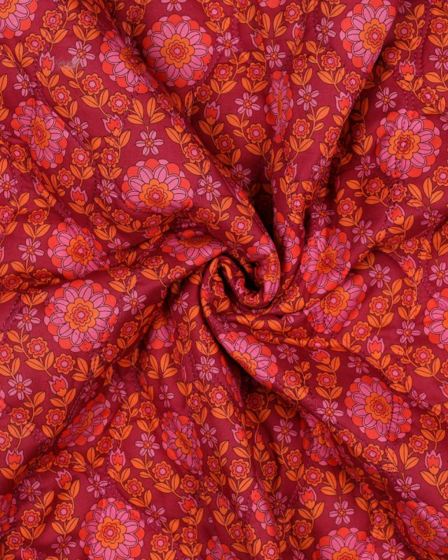 Tissu Matelassé Biface Fleuri Indien et Rayures Bordeaux Fuchsia - Mercerine