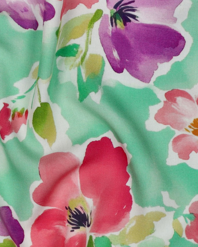Viscose Ecovero Vert d'Eau Motif Fleuri  - Mercerine