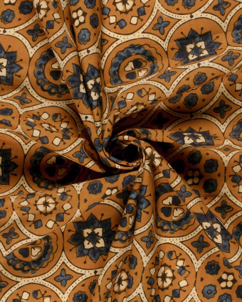 Voile de Coton Esprit Indien Ocre Motif Ethnique Bleu - Mercerine