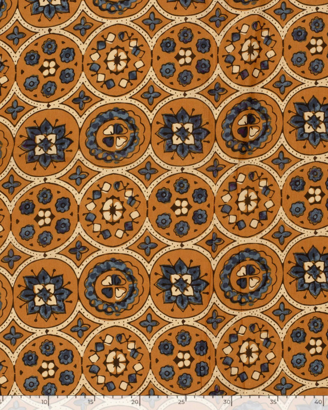 Voile de Coton Esprit Indien Ocre Motif Ethnique Bleu - Mercerine