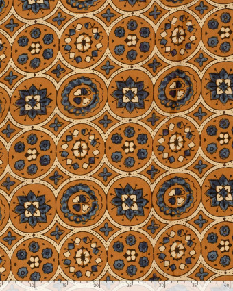 Voile de Coton Esprit Indien Ocre Motif Ethnique Bleu - Mercerine