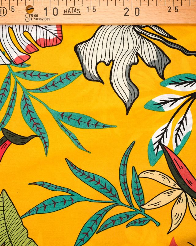 Tissu tropical : viscose imprimée au mètre fond jaune  - Mercerine