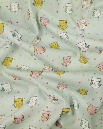 Popeline de coton : tissu imprimé vert chouettes lurex - Mercerine