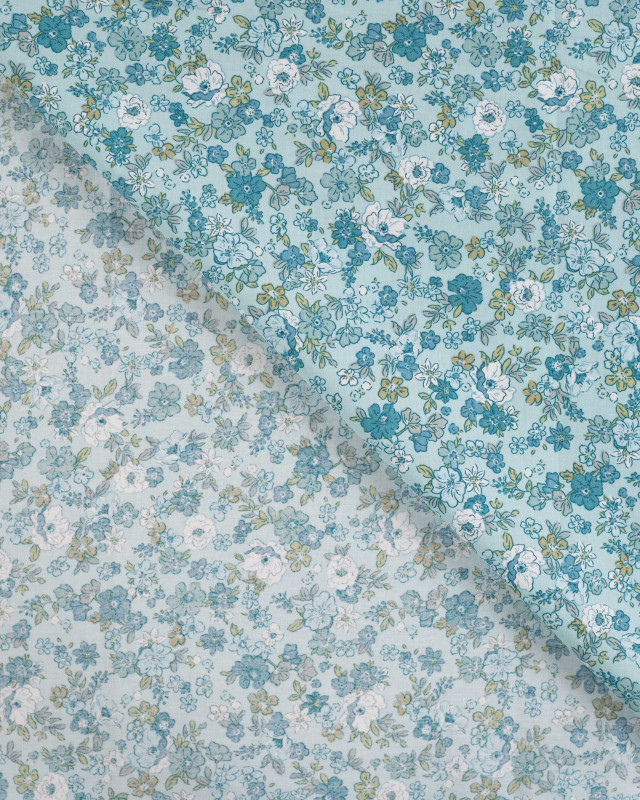 Tissu Popeline de Coton Fleurs Romantiques Bleues - Mercerine