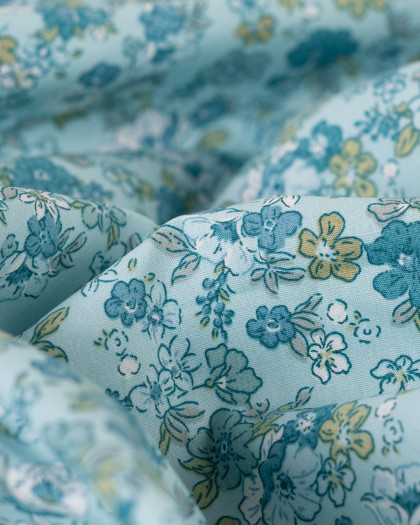 Tissu Popeline de Coton Fleurs Romantiques Bleues - Mercerine