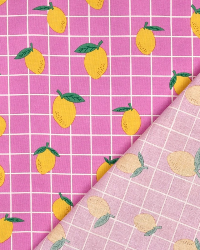 Tissu Coton Déperlant Citron à Carreaux Roses - Mercerine