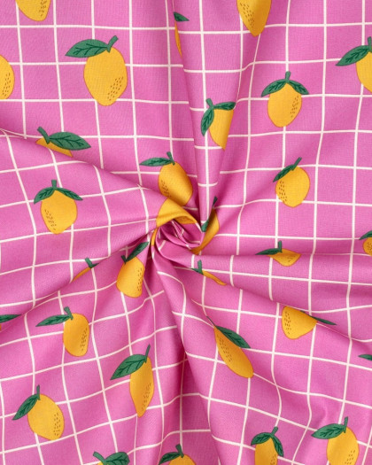 Tissu Coton Enduit Citron à Carreaux Roses - Mercerine