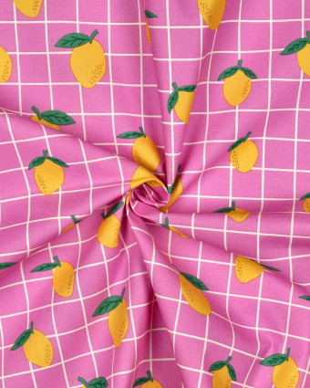 Tissu Coton Enduit Citron à Carreaux Roses - Mercerine