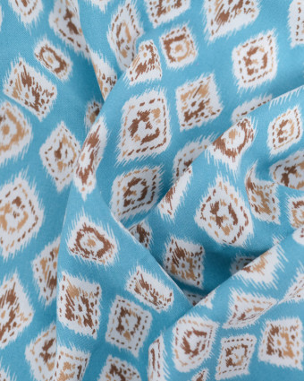 Viscose Bleu Ciel Motif Losange Ethnique Marron - Mercerine