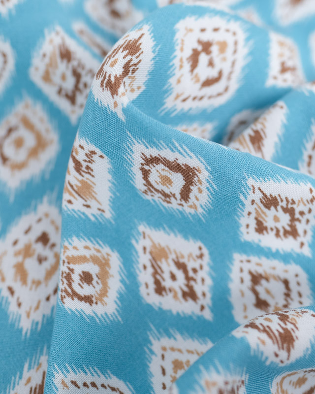 Viscose Bleu Ciel Motif Losange Ethnique Marron - Mercerine