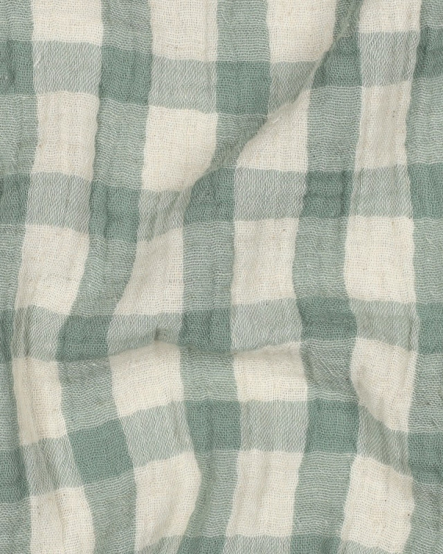 Tissu Double Gaze Coton Lin Carreaux Vert Sauge Fond Naturel - Mercerine
