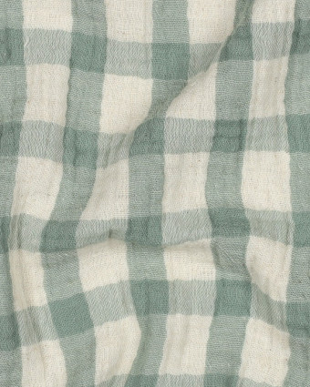 Tissu Double Gaze Coton Lin Carreaux Vert Sauge Fond Naturel - Mercerine
