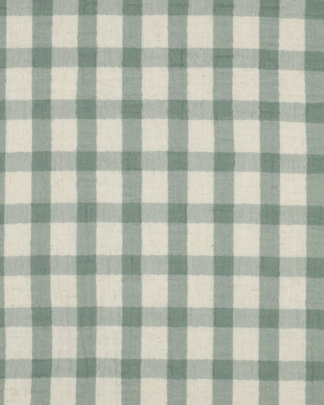 Tissu Double Gaze Coton Lin Carreaux Vert Sauge Fond Naturel - Mercerine