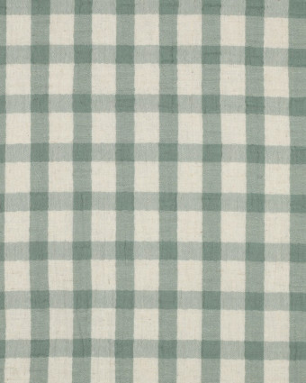 Tissu Double Gaze Coton Lin Carreaux Vert Sauge Fond Naturel - Mercerine