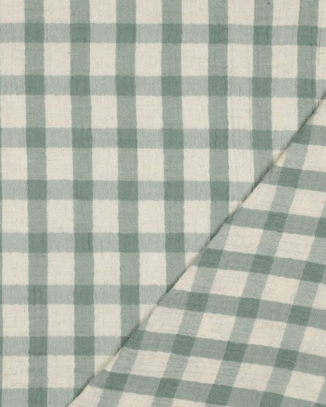 Tissu Double Gaze Coton Lin Carreaux Vert Sauge Fond Naturel - Mercerine