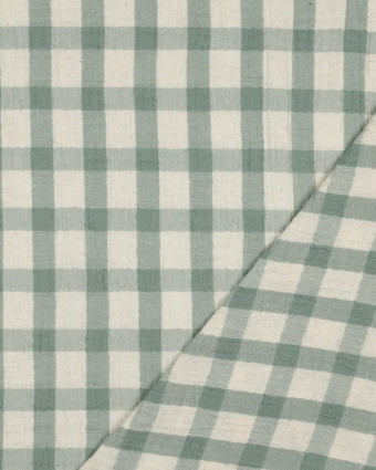Tissu Double Gaze Coton Lin Carreaux Vert Sauge Fond Naturel - Mercerine