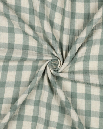 Tissu Double Gaze Coton Lin Carreaux Vert Sauge Fond Naturel - Mercerine