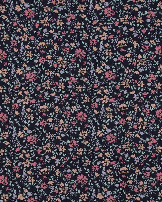 Popeline de Coton Bleu Marine Fleuri  - Mercerine