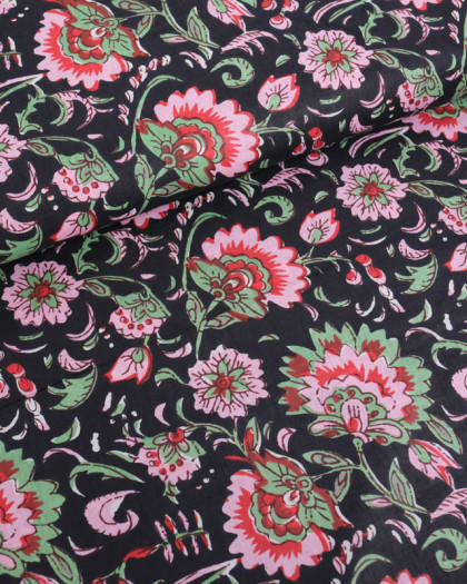 Voile de Coton Esprit Indien Noir Imprimé Floral Rose - Mercerine