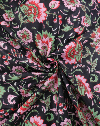 Voile de Coton Esprit Indien Noir Imprimé Floral Rose - Mercerine