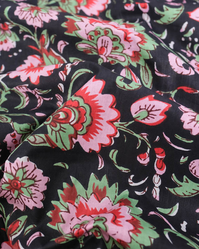 Voile de Coton Esprit Indien Noir Imprimé Floral Rose - Mercerine