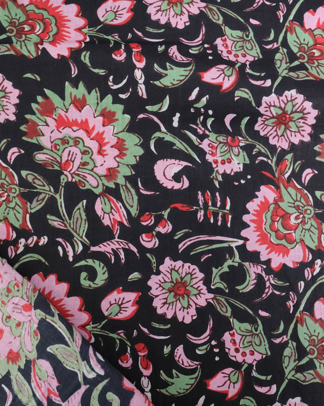 Voile de Coton Esprit Indien Noir Imprimé Floral Rose - Mercerine