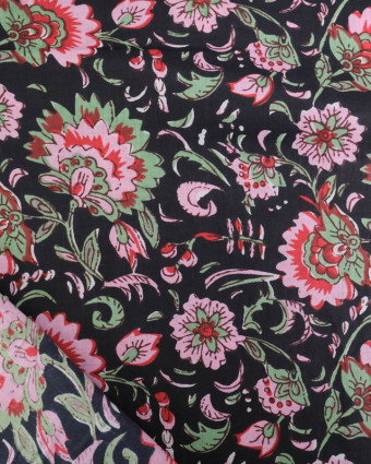 Voile de Coton Esprit Indien Noir Imprimé Floral Rose - Mercerine