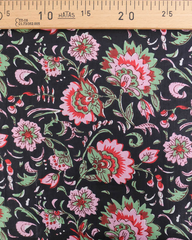 Voile de Coton Esprit Indien Noir Imprimé Floral Rose - Mercerine