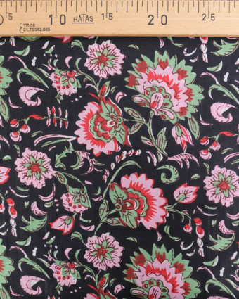 Voile de Coton Esprit Indien Noir Imprimé Floral Rose - Mercerine