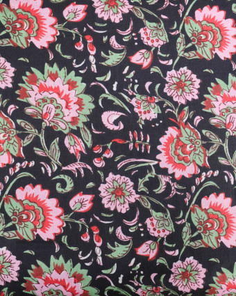 Voile de Coton Esprit Indien Noir Imprimé Floral Rose - Mercerine