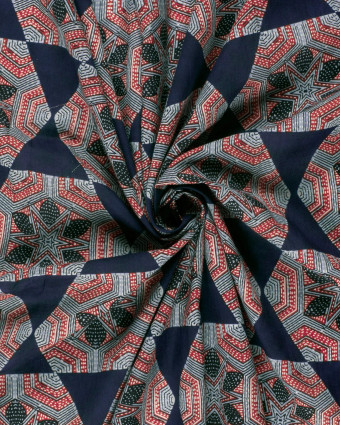 Voile de Coton Esprit Indien Indigo Motif Ethnique Rouge - Mercerine