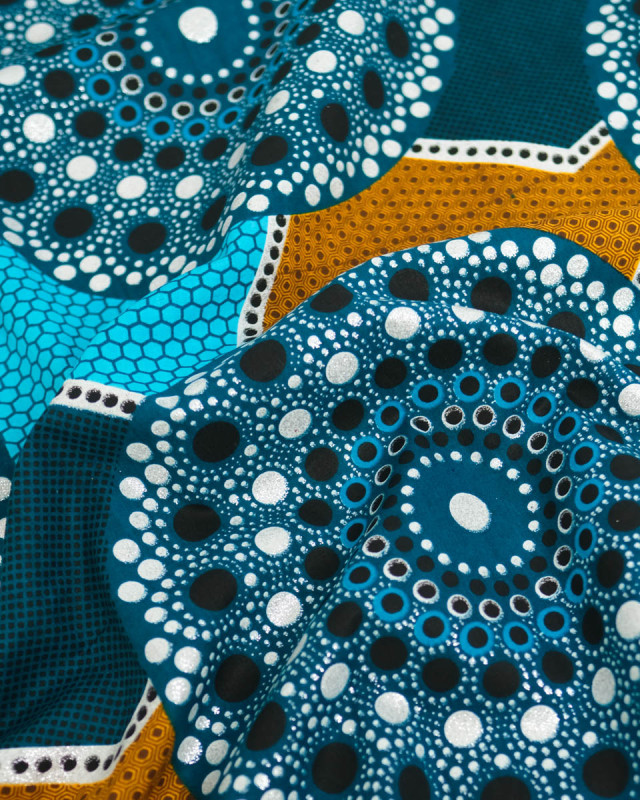 Tissu Coton Inspiration Wax Baobab Turquoise Argent - Mercerine