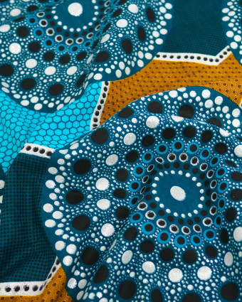 Tissu Coton Inspiration Wax Baobab Turquoise Argent - Mercerine